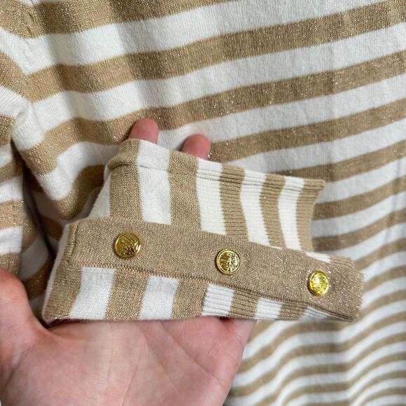 Lilly Pulitzer Dinah Medium Gold White Shimmer Crew Sweater Henley Stripe - Picture 5 of 8
